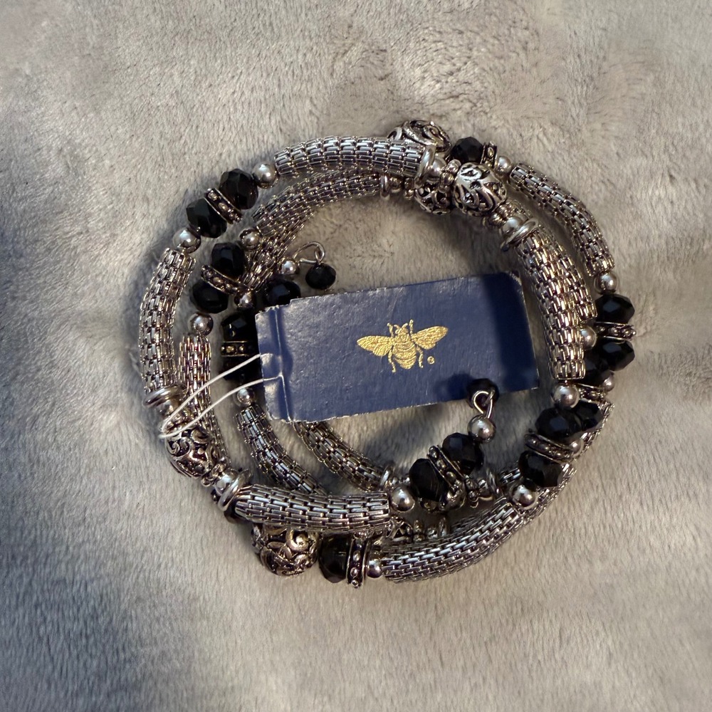 Silver Tone Black Bead‎ Coil Wrap Bracelet Boho Gothic NWT
